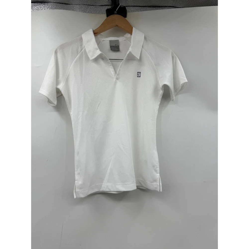 Nike Court Women White Tennis Polo Shirt Short Sleeve V-Neck Medium TG EG